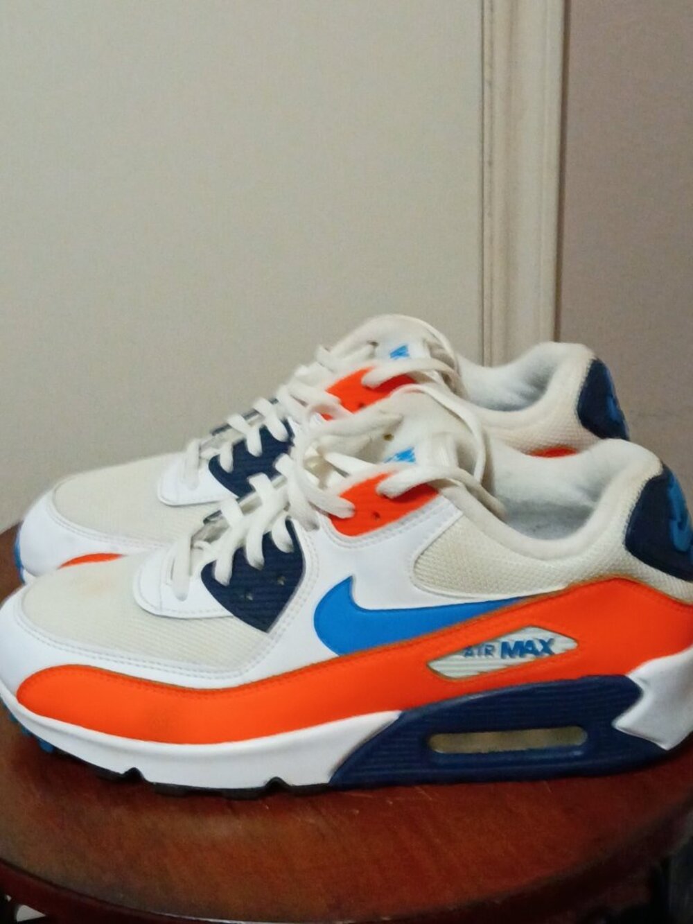 Men's Size 8 Nike Air Max 90 White Photo Blue Total Orange Lace Up AJ1285-104 - Picture 9 of 13